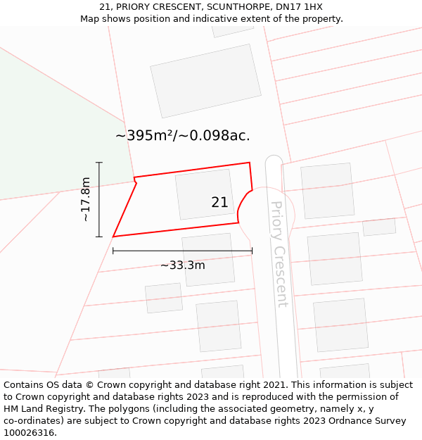 21, PRIORY CRESCENT, SCUNTHORPE, DN17 1HX: Plot and title map