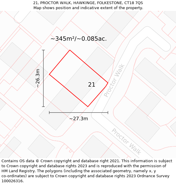 21, PROCTOR WALK, HAWKINGE, FOLKESTONE, CT18 7QS: Plot and title map