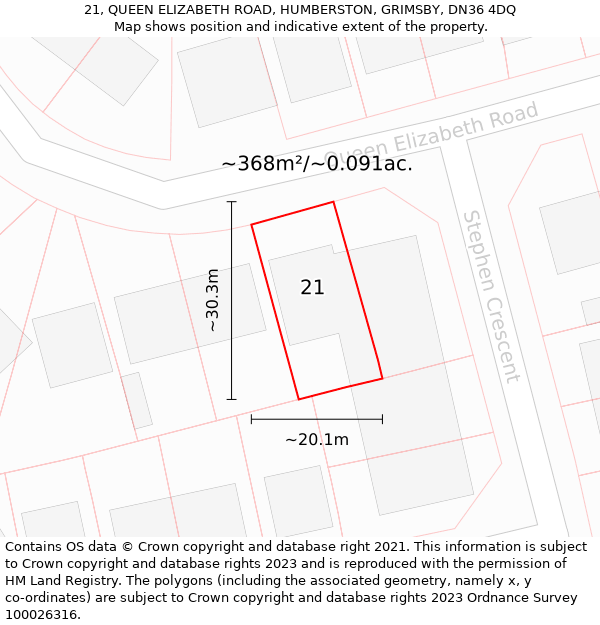 21, QUEEN ELIZABETH ROAD, HUMBERSTON, GRIMSBY, DN36 4DQ: Plot and title map