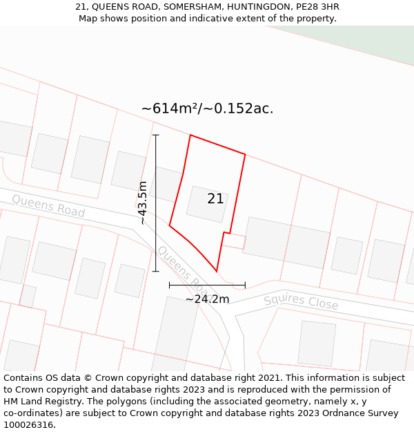 21, QUEENS ROAD, SOMERSHAM, HUNTINGDON, PE28 3HR: Plot and title map