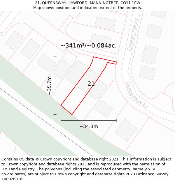 21, QUEENSWAY, LAWFORD, MANNINGTREE, CO11 1EW: Plot and title map