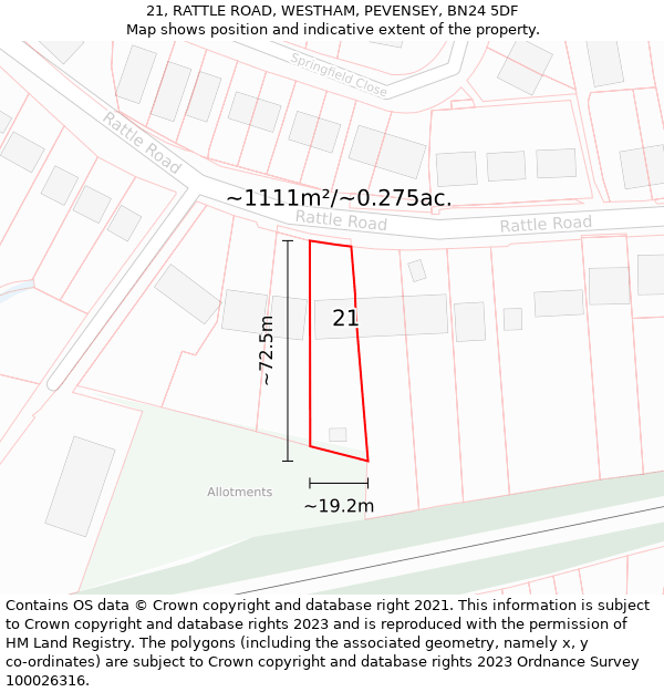 21, RATTLE ROAD, WESTHAM, PEVENSEY, BN24 5DF: Plot and title map