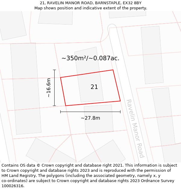 21, RAVELIN MANOR ROAD, BARNSTAPLE, EX32 8BY: Plot and title map