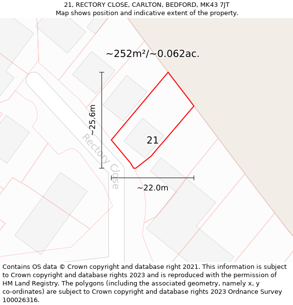 21, RECTORY CLOSE, CARLTON, BEDFORD, MK43 7JT: Plot and title map