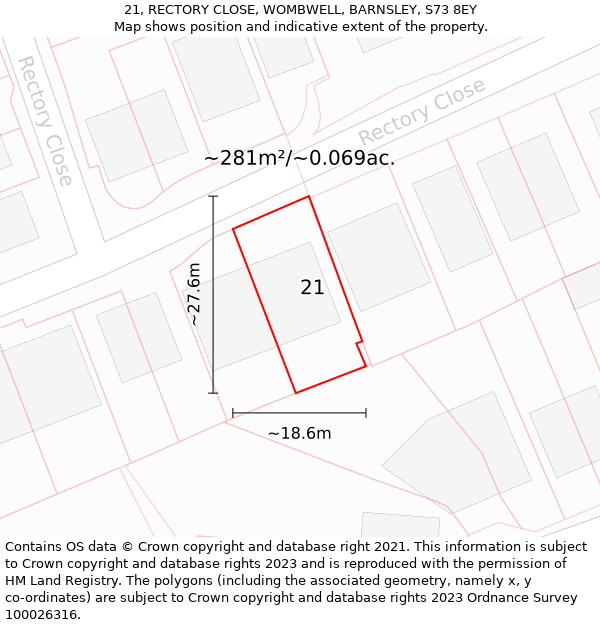 21, RECTORY CLOSE, WOMBWELL, BARNSLEY, S73 8EY: Plot and title map