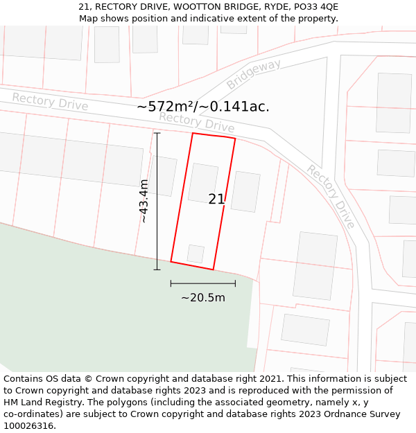 21, RECTORY DRIVE, WOOTTON BRIDGE, RYDE, PO33 4QE: Plot and title map