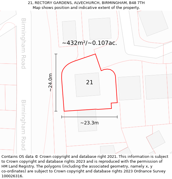 21, RECTORY GARDENS, ALVECHURCH, BIRMINGHAM, B48 7TH: Plot and title map