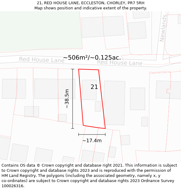 21, RED HOUSE LANE, ECCLESTON, CHORLEY, PR7 5RH: Plot and title map