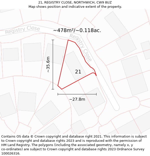 21, REGISTRY CLOSE, NORTHWICH, CW9 8UZ: Plot and title map