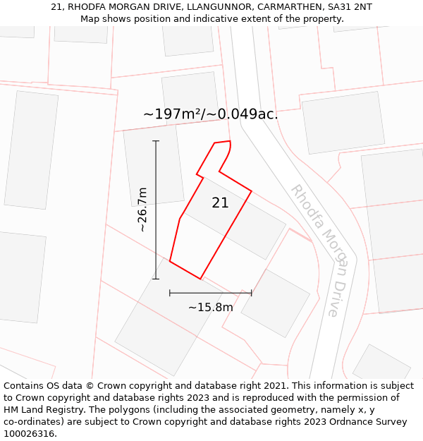 21, RHODFA MORGAN DRIVE, LLANGUNNOR, CARMARTHEN, SA31 2NT: Plot and title map