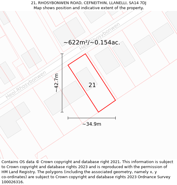 21, RHOSYBONWEN ROAD, CEFNEITHIN, LLANELLI, SA14 7DJ: Plot and title map