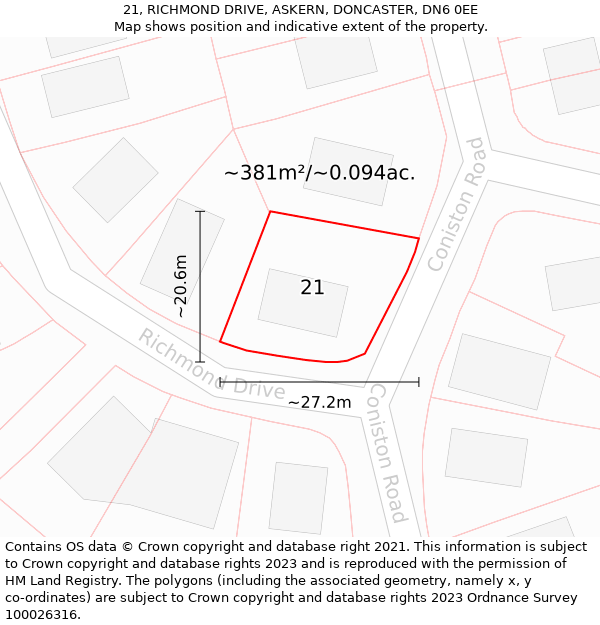 21, RICHMOND DRIVE, ASKERN, DONCASTER, DN6 0EE: Plot and title map