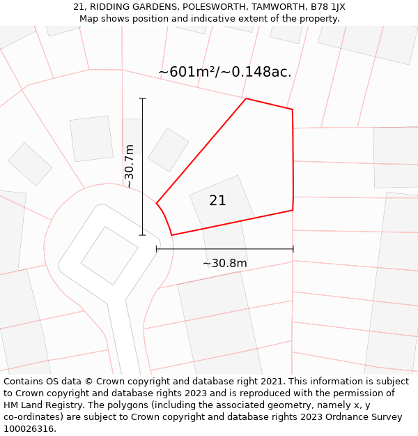 21, RIDDING GARDENS, POLESWORTH, TAMWORTH, B78 1JX: Plot and title map