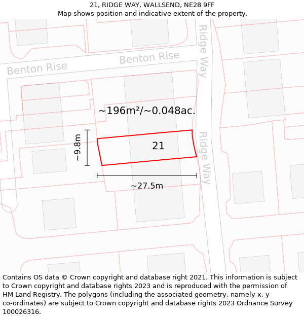 21, RIDGE WAY, WALLSEND, NE28 9FF: Plot and title map