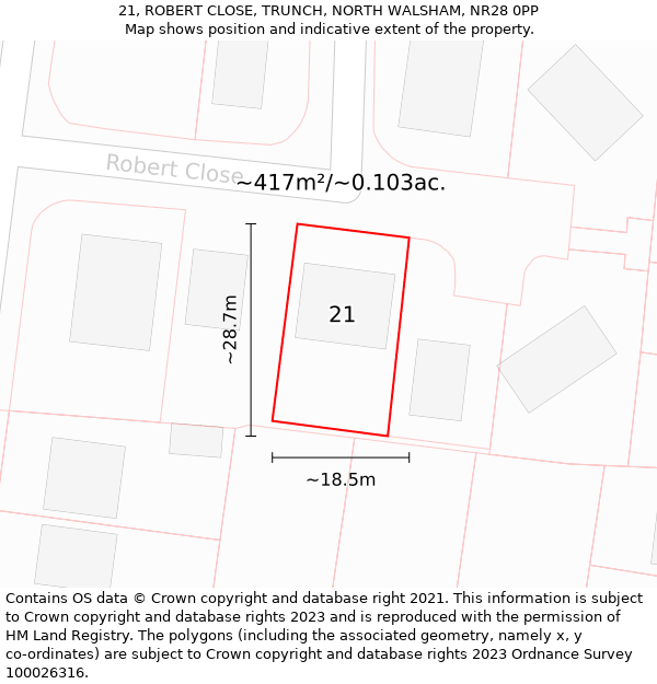 21, ROBERT CLOSE, TRUNCH, NORTH WALSHAM, NR28 0PP: Plot and title map