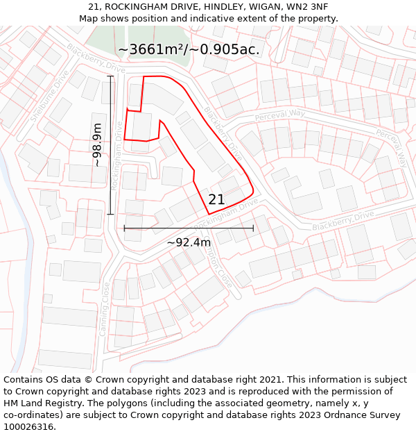 21, ROCKINGHAM DRIVE, HINDLEY, WIGAN, WN2 3NF: Plot and title map