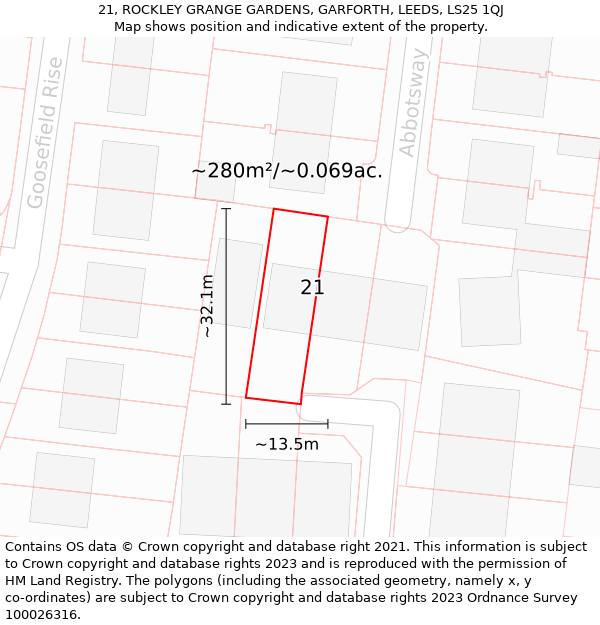 21, ROCKLEY GRANGE GARDENS, GARFORTH, LEEDS, LS25 1QJ: Plot and title map