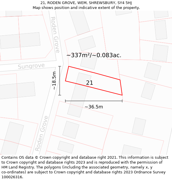 21, RODEN GROVE, WEM, SHREWSBURY, SY4 5HJ: Plot and title map