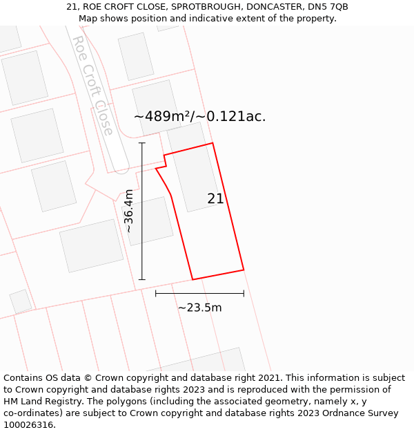 21, ROE CROFT CLOSE, SPROTBROUGH, DONCASTER, DN5 7QB: Plot and title map