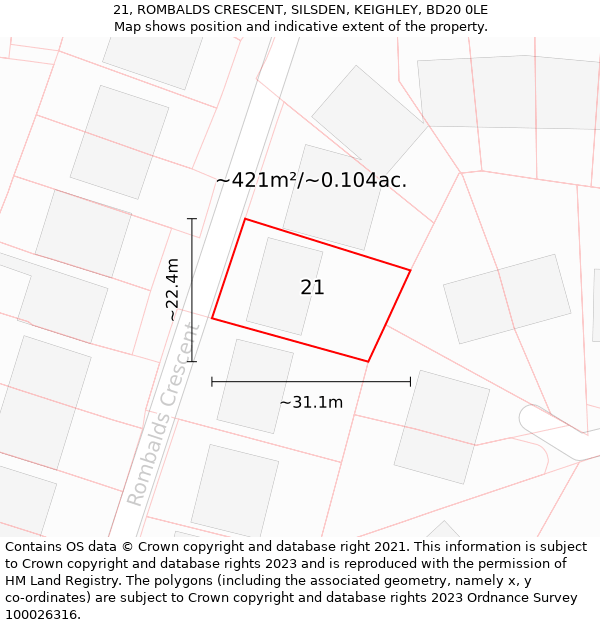 21, ROMBALDS CRESCENT, SILSDEN, KEIGHLEY, BD20 0LE: Plot and title map