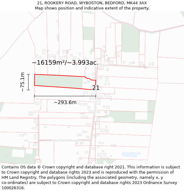 21, ROOKERY ROAD, WYBOSTON, BEDFORD, MK44 3AX: Plot and title map