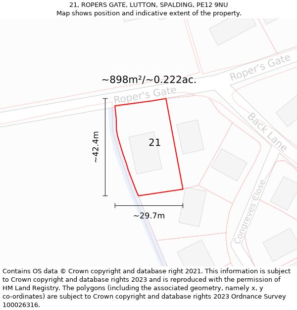 21, ROPERS GATE, LUTTON, SPALDING, PE12 9NU: Plot and title map