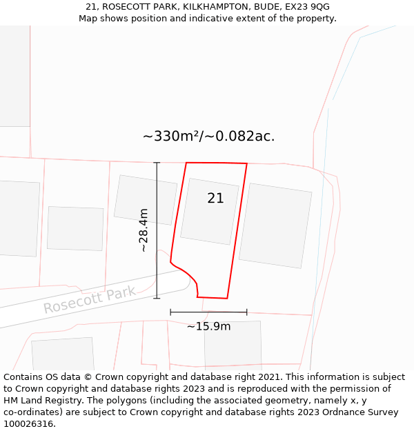 21, ROSECOTT PARK, KILKHAMPTON, BUDE, EX23 9QG: Plot and title map