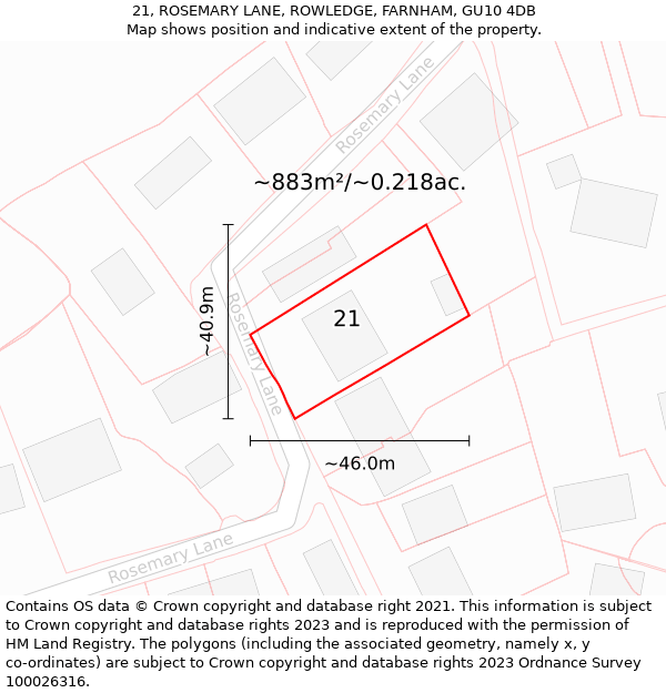 21, ROSEMARY LANE, ROWLEDGE, FARNHAM, GU10 4DB: Plot and title map