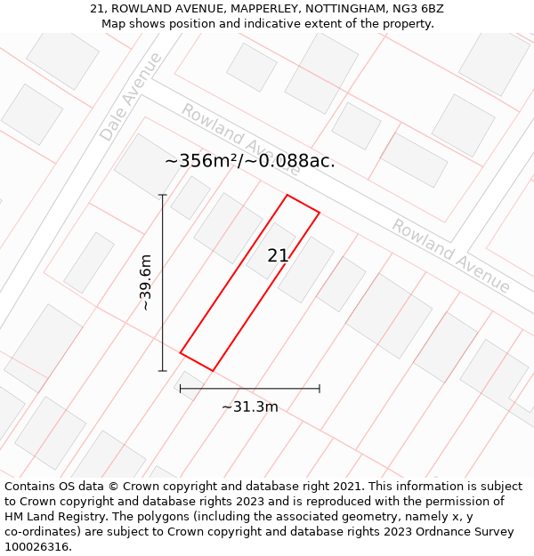 21, ROWLAND AVENUE, MAPPERLEY, NOTTINGHAM, NG3 6BZ: Plot and title map