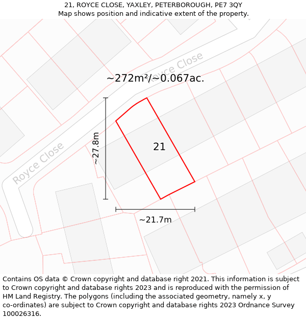 21, ROYCE CLOSE, YAXLEY, PETERBOROUGH, PE7 3QY: Plot and title map