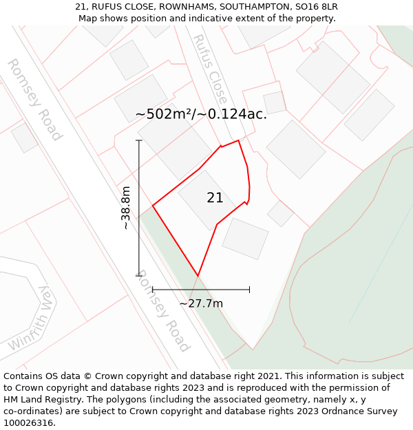 21, RUFUS CLOSE, ROWNHAMS, SOUTHAMPTON, SO16 8LR: Plot and title map