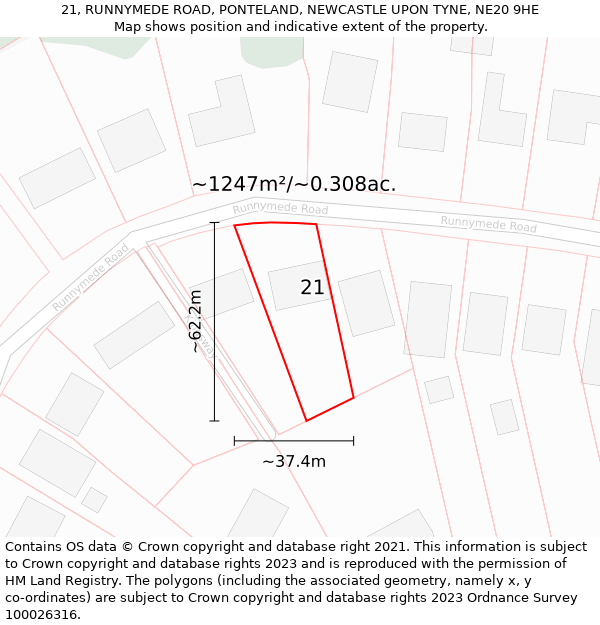 21, RUNNYMEDE ROAD, PONTELAND, NEWCASTLE UPON TYNE, NE20 9HE: Plot and title map