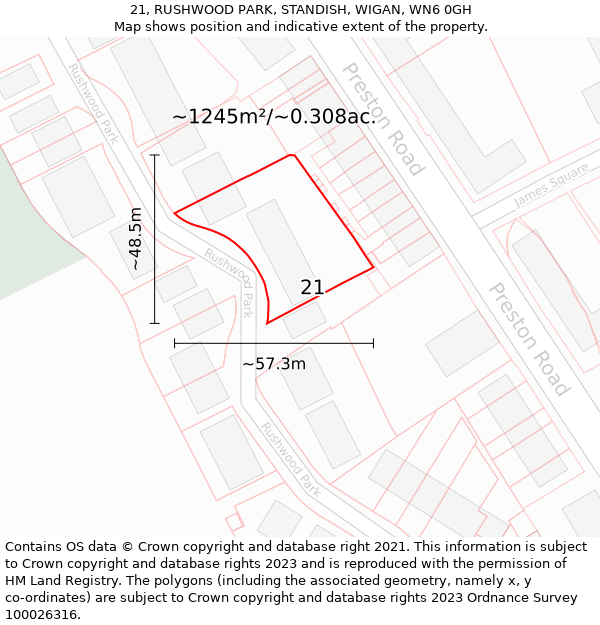 21, RUSHWOOD PARK, STANDISH, WIGAN, WN6 0GH: Plot and title map