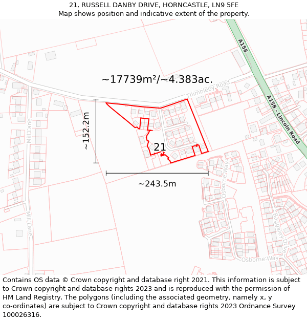 21, RUSSELL DANBY DRIVE, HORNCASTLE, LN9 5FE: Plot and title map