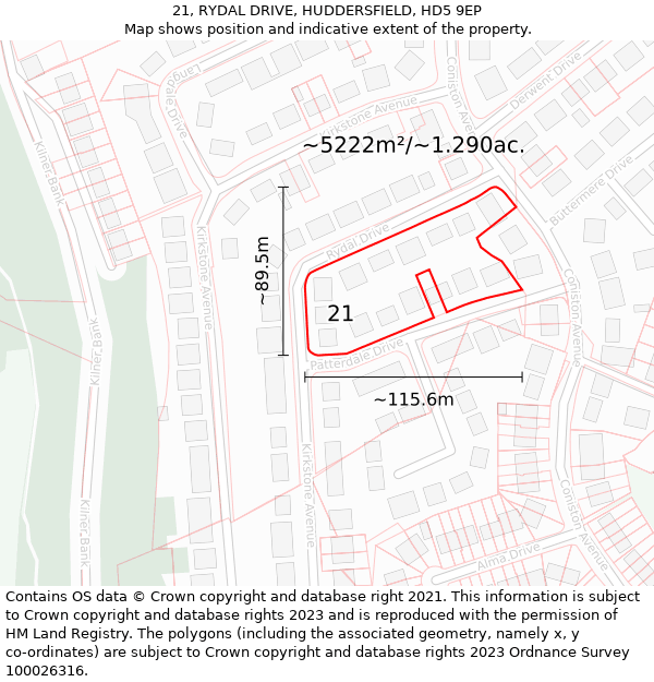 21, RYDAL DRIVE, HUDDERSFIELD, HD5 9EP: Plot and title map