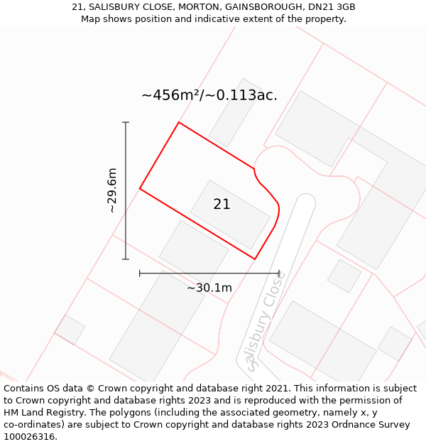 21, SALISBURY CLOSE, MORTON, GAINSBOROUGH, DN21 3GB: Plot and title map