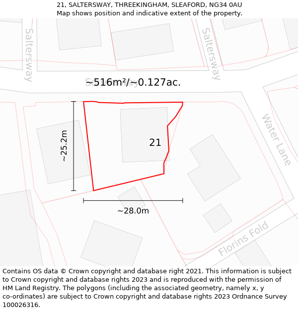 21, SALTERSWAY, THREEKINGHAM, SLEAFORD, NG34 0AU: Plot and title map