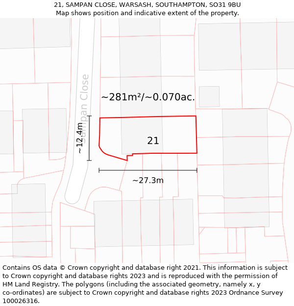 21, SAMPAN CLOSE, WARSASH, SOUTHAMPTON, SO31 9BU: Plot and title map