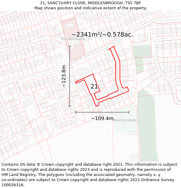 21, SANCTUARY CLOSE, MIDDLESBROUGH, TS5 7BF: Plot and title map