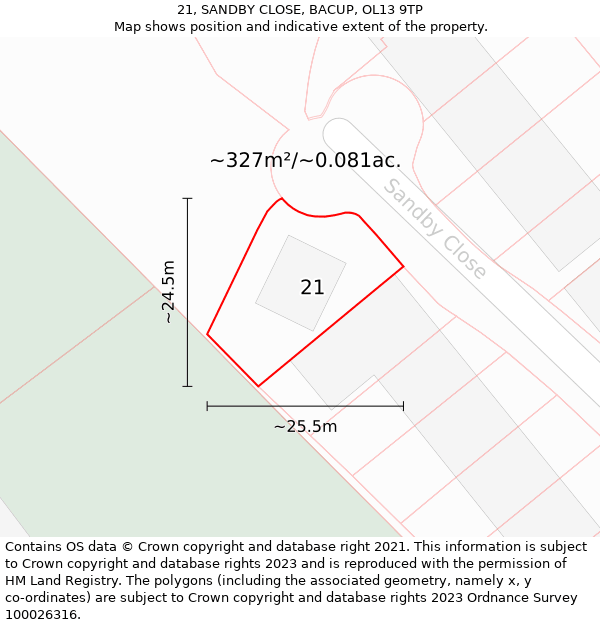 21, SANDBY CLOSE, BACUP, OL13 9TP: Plot and title map