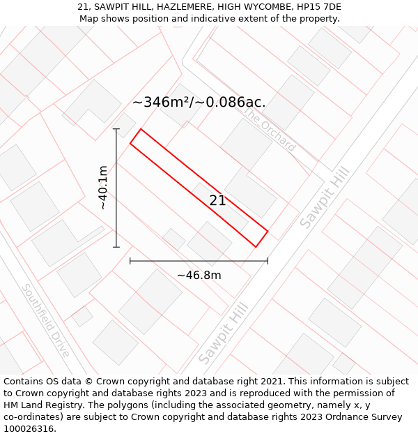 21, SAWPIT HILL, HAZLEMERE, HIGH WYCOMBE, HP15 7DE: Plot and title map