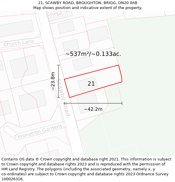 21, SCAWBY ROAD, BROUGHTON, BRIGG, DN20 0AB: Plot and title map