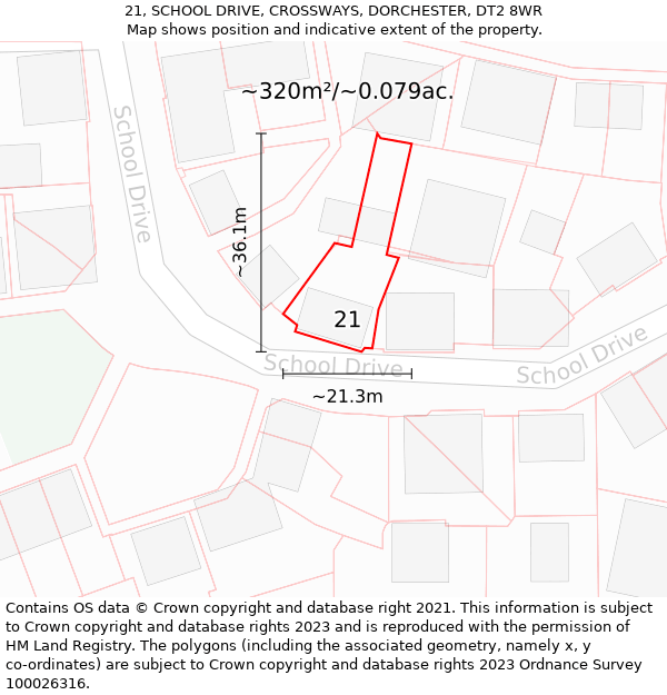 21, SCHOOL DRIVE, CROSSWAYS, DORCHESTER, DT2 8WR: Plot and title map