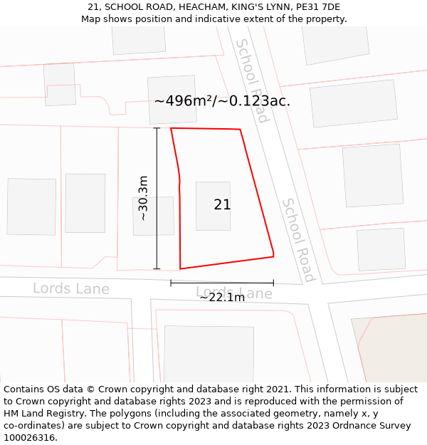 21, SCHOOL ROAD, HEACHAM, KING'S LYNN, PE31 7DE: Plot and title map