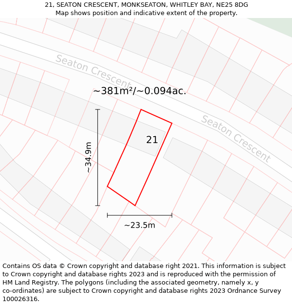 21, SEATON CRESCENT, MONKSEATON, WHITLEY BAY, NE25 8DG: Plot and title map