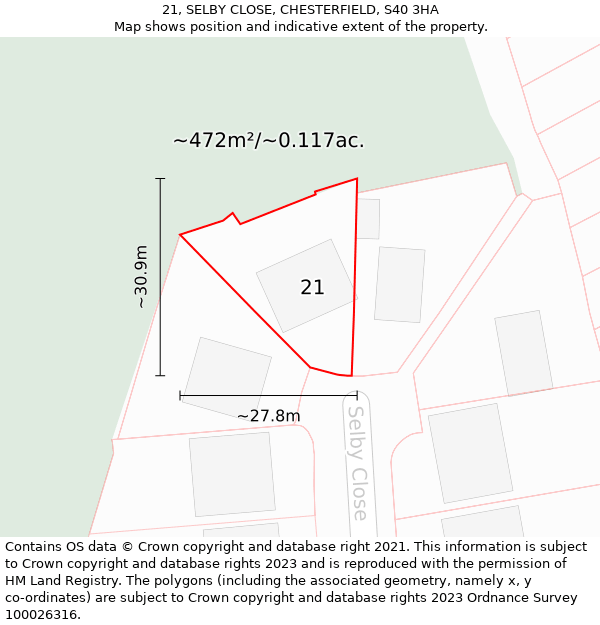 21, SELBY CLOSE, CHESTERFIELD, S40 3HA: Plot and title map