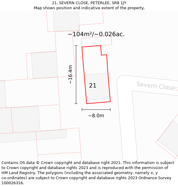 21, SEVERN CLOSE, PETERLEE, SR8 1JY: Plot and title map