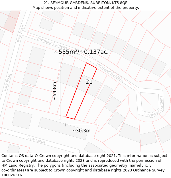 21, SEYMOUR GARDENS, SURBITON, KT5 8QE: Plot and title map