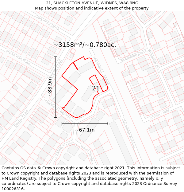 21, SHACKLETON AVENUE, WIDNES, WA8 9NG: Plot and title map