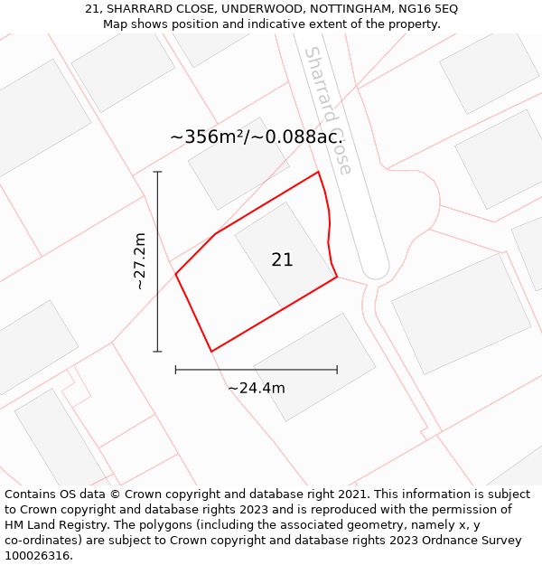 21, SHARRARD CLOSE, UNDERWOOD, NOTTINGHAM, NG16 5EQ: Plot and title map